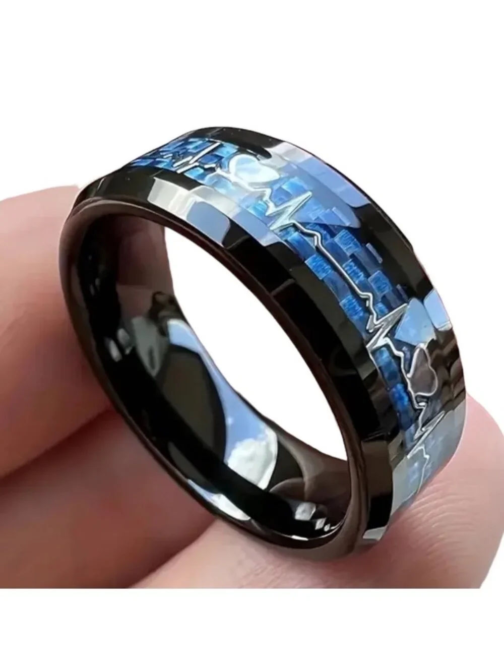 Men's Heartbeat Pattern Stainless Steel Ring 8mm Carbon Fiber Inlaid NWT Wed sz7